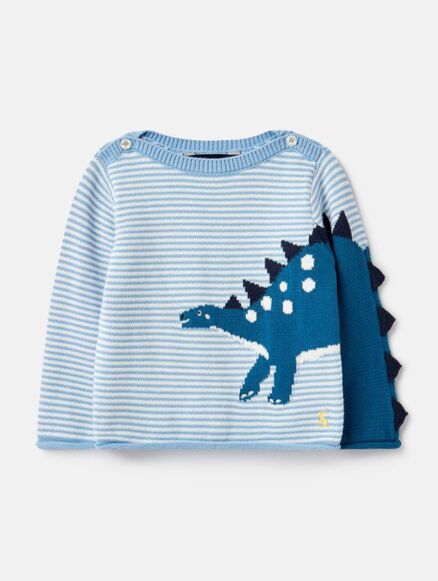 Joules Barney Artwork Knitted Jumper Blue Stripe Dino